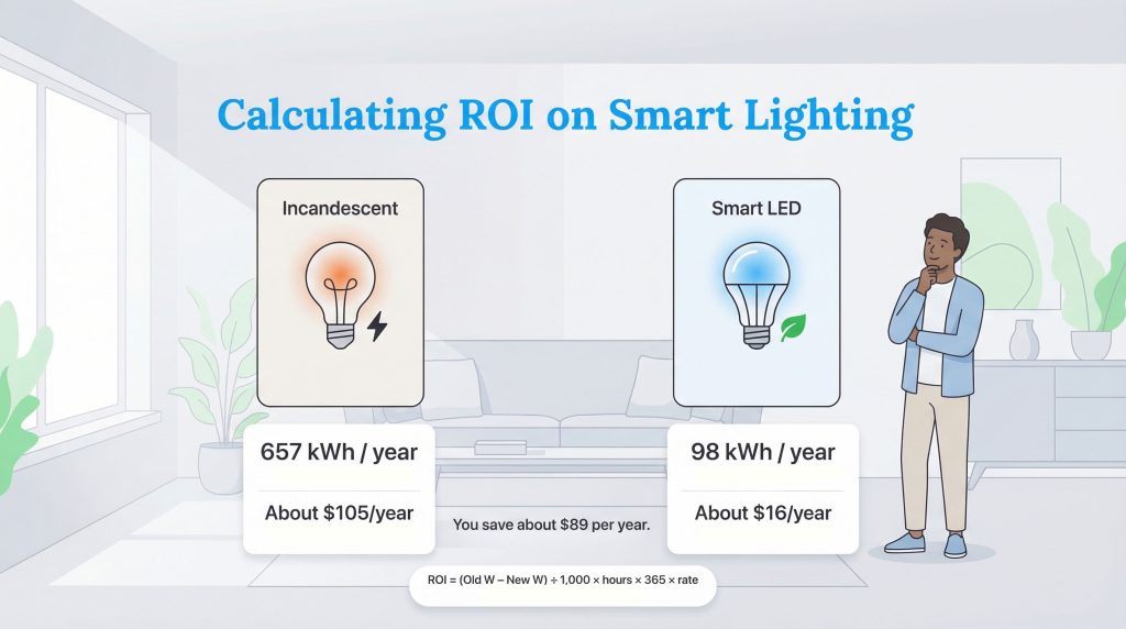 Infographic comparing incandescent and smart LED bulbs, showing an annual saving of about $89.