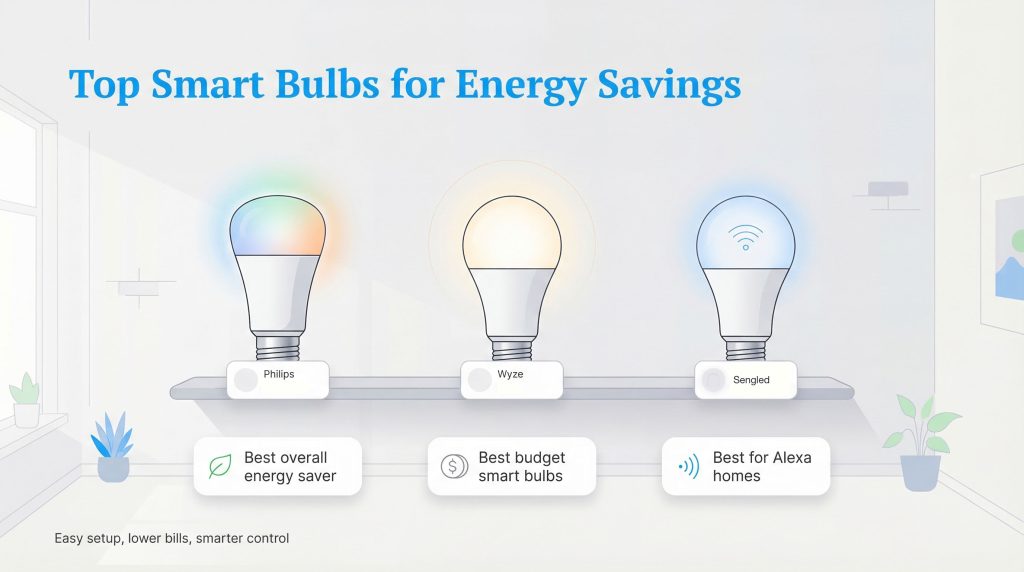 Infographic showing three smart bulbs: Philips for energy, Wyze for budget, and one for Alexa homes.
