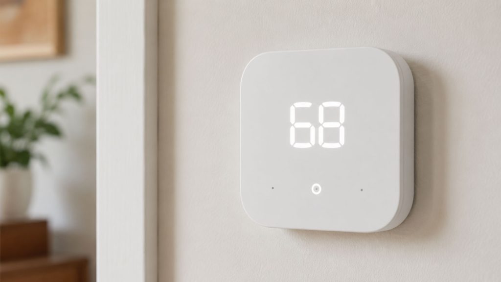 Photo of an Amazon Smart Thermostat installed in a home