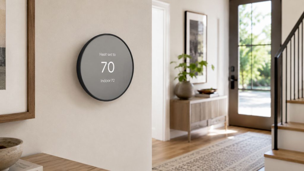 Photograph of a Google Nest Smart Thermostat Installed in a home