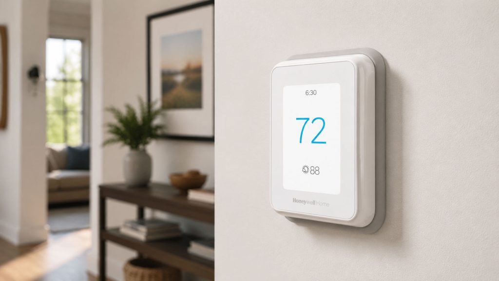 Photo of Honeywell Home T9 Smart Thermostat installed in a home.