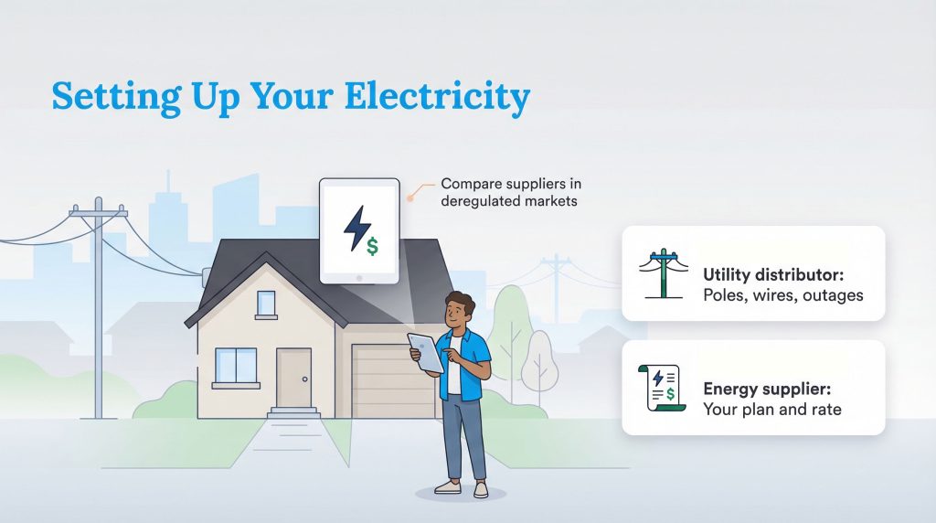 Illustration of a man with a tablet comparing utility distributors versus energy suppliers.