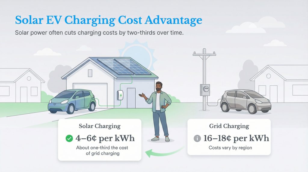 Infographic comparing solar EV charging at 4-6 cents per kWh with grid charging at 16-18 cents per kWh.