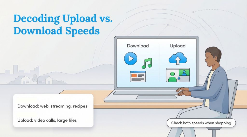 A man at a laptop with a diagram explaining download vs. upload speeds and their uses.