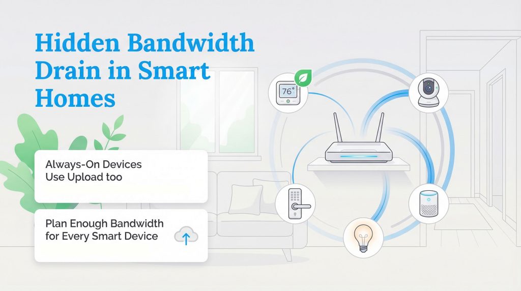 Infographic showing a Wi-Fi router connected to smart devices, illustrating hidden bandwidth drain.
