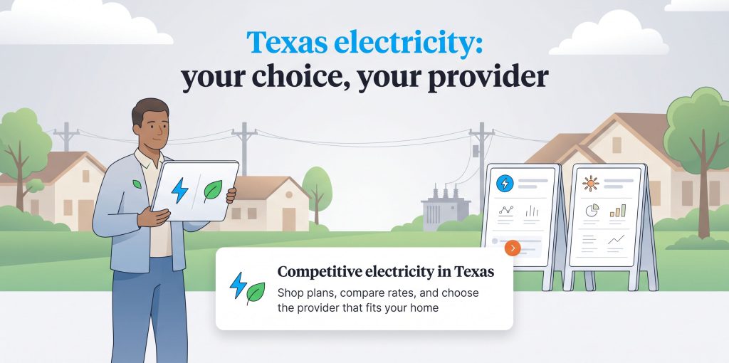 A man holds a tablet comparing energy options in front of houses and plan comparison boards.
