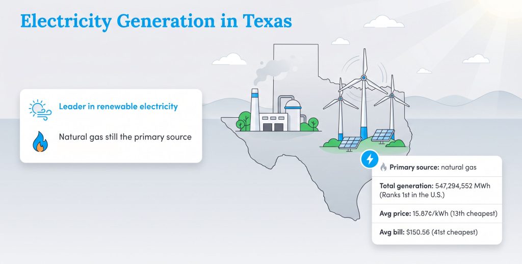 Infographic showing Texas electricity generation statistics and its mix of natural gas, wind, and solar power.