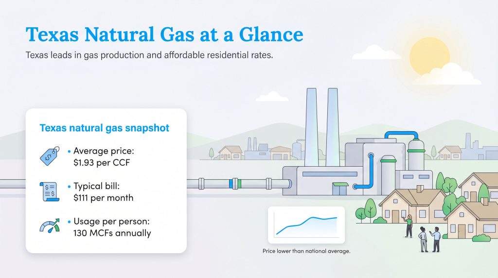 Infographic showing Texas natural gas statistics: average price $1.93, bill $111, usage 130 MCFs.