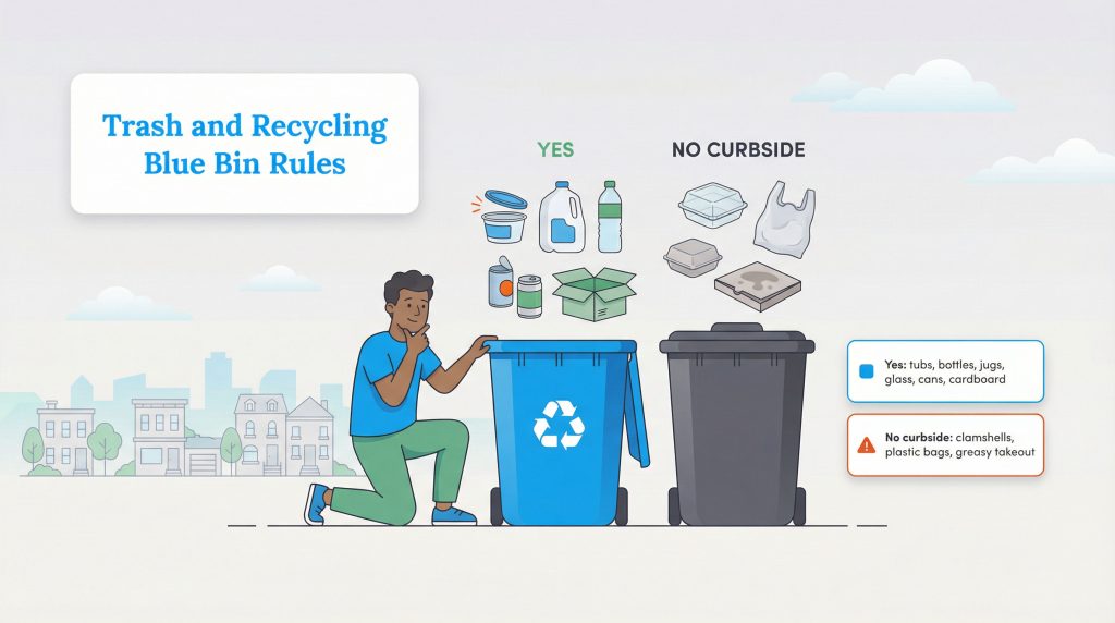 Illustration of a person sorting items into a blue recycling bin and a grey trash bin based on 'Blue Bin Rules'.