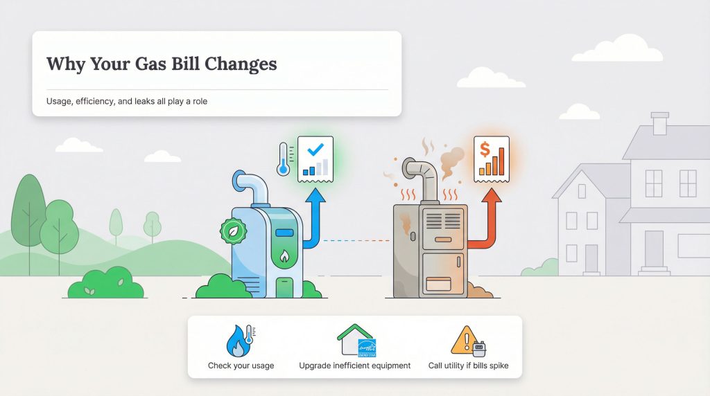 Infographic showing how efficient versus inefficient furnaces affect gas bill costs, with tips on checking usage and upgrading equipment.