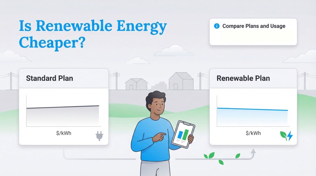 A man compares 'Standard Plan' and 'Renewable Plan' graphs, answering 'Is Renewable Energy Cheaper?'