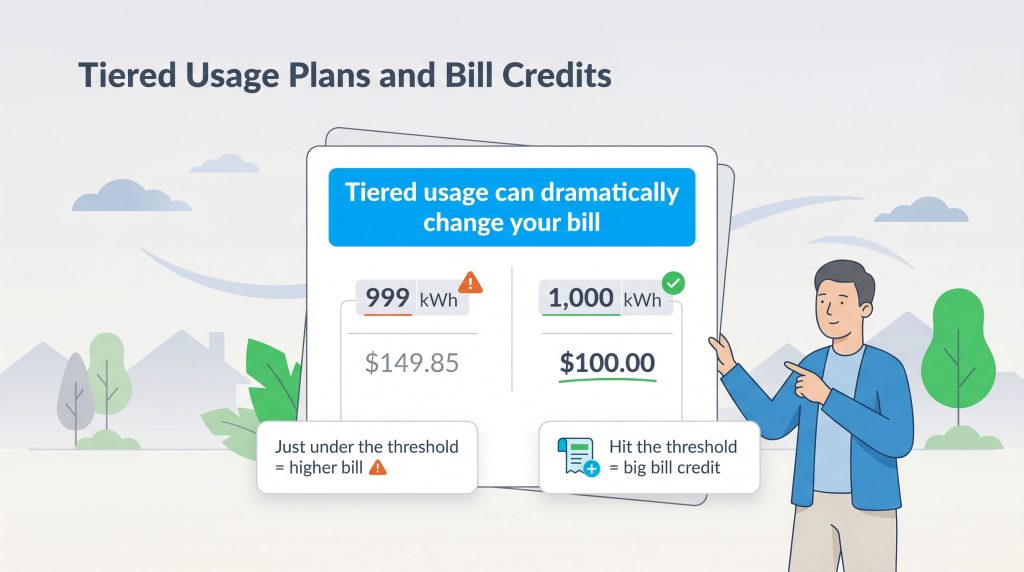 An illustration comparing a higher electricity bill for 999 kWh vs. a lower bill with a credit for 1,000 kWh.
