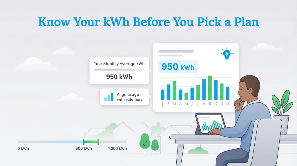 A person analyzes a monthly kWh usage bar chart on a tablet, with a callout of 950 kWh average.