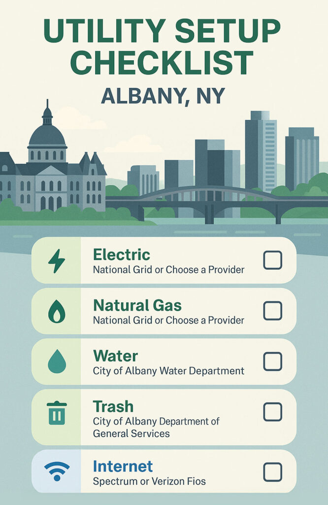 Checklist for setting up utilities for a new home in Albany, NY