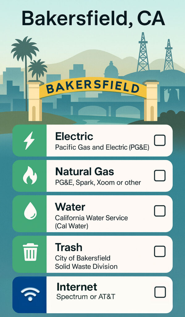 Checklist for setting up utilities for a new home in Bakersfield, CA
