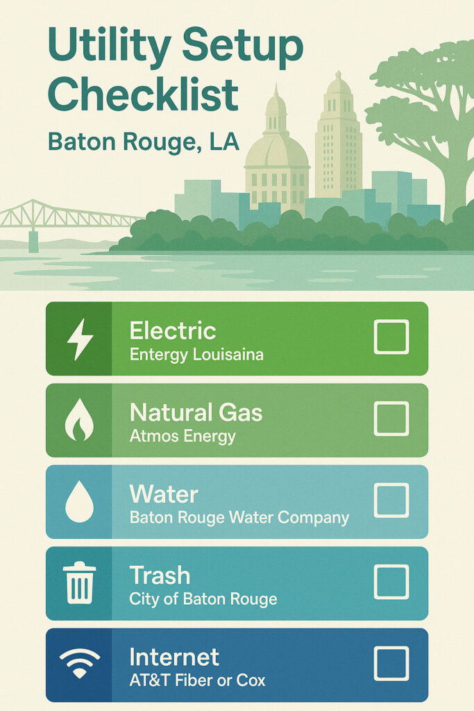 Utility checklist for moving to a new home in Baton Rouge, LA