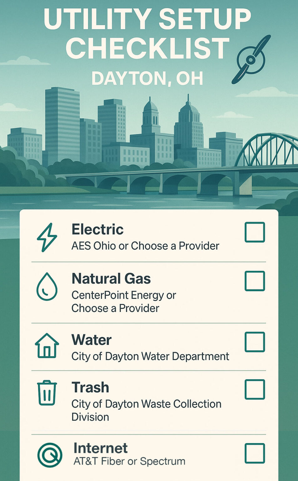 Utilities Checklist Table Dayton, OH Utilities Guide. Set Up and Compare Electricity, Natural Gas ...