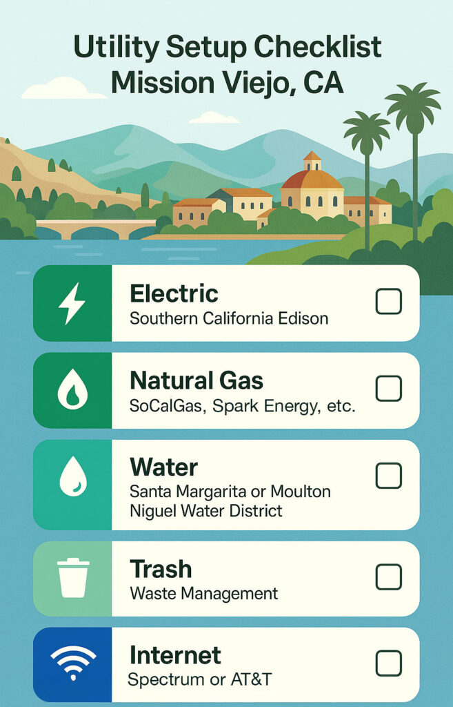 Utility checklist for moving to a new home in Mission Viejo, CA