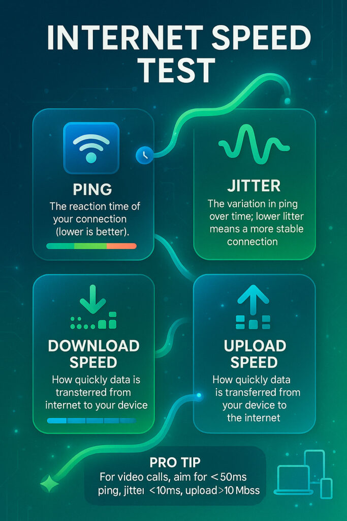 An internet speed test usually contains information on your download speed, upload speed, ping, and jitter.