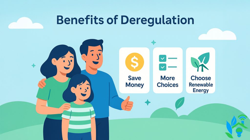 The benefits of deregulation for energy, including saving money, getting more choices, and choosing renewable options.