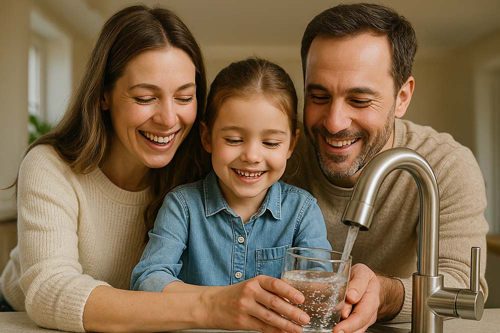 A family getting a glass of water from a faucet in their home