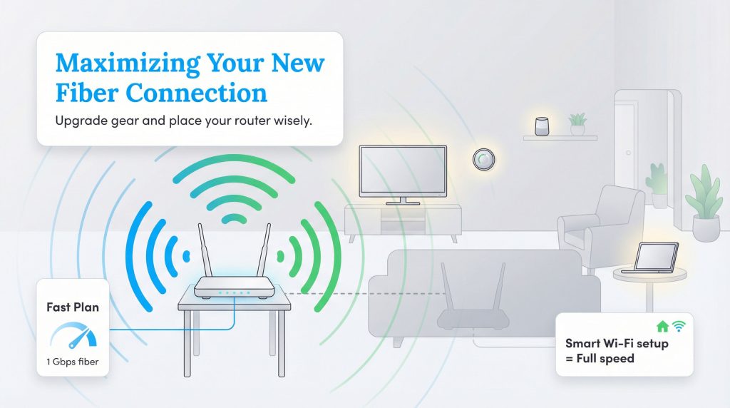 A Wi-Fi router with strong signals in a home, connected to devices like a TV and laptop.