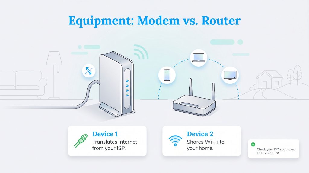 Infographic illustrating a modem translating ISP signals and a router distributing Wi-Fi to home devices.
