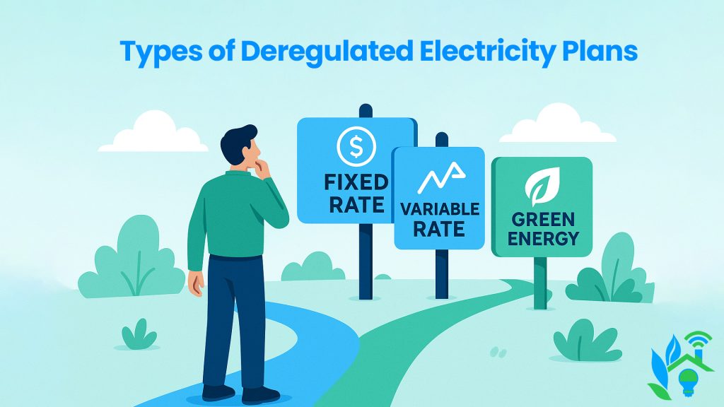 Types of deregulated electricity plans: fixed rate, variable rate, and green energy.