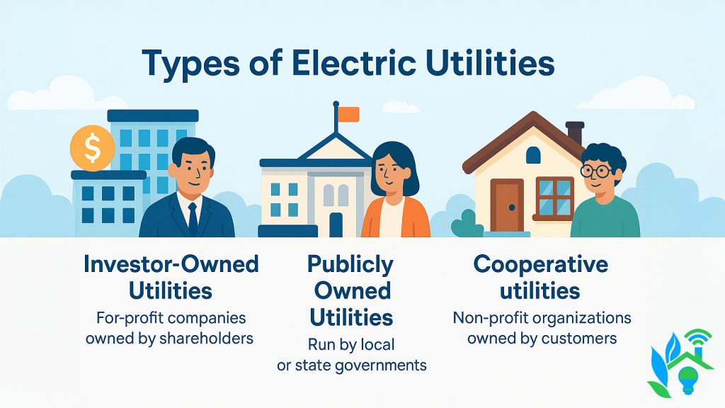 Types of electric providers, including investor-owned utilities, publicly owned utilities, and cooperative utilities.
