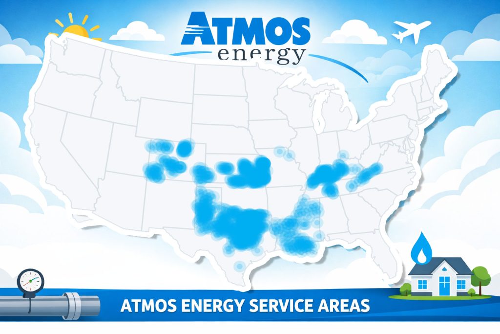 Atmos Energy Coverage Map. Offering service in Texas, Louisiana, Mississippi, Kentucky, Tennessee, Virginia, Colorado, and Kansas