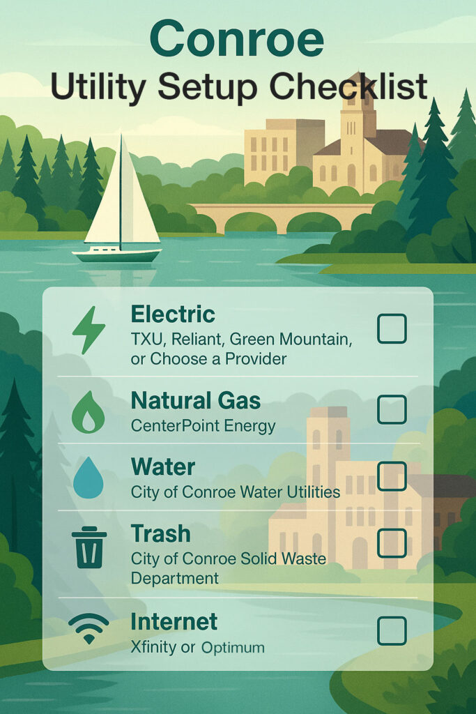 Checklist for setting up utilities for moving to a new home in Conroe, TX