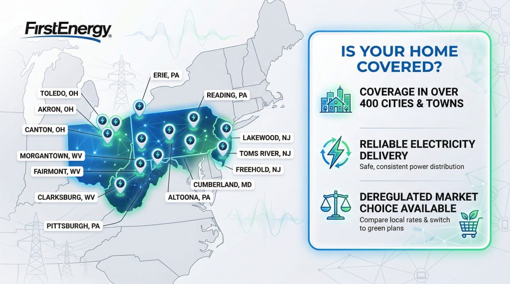 Map of FirstEnergy's Service in area in the midwest and Northeastern part of the United States including Ohio, Pennsylvania, Maryland, New York, New Jersey, and West Virginia