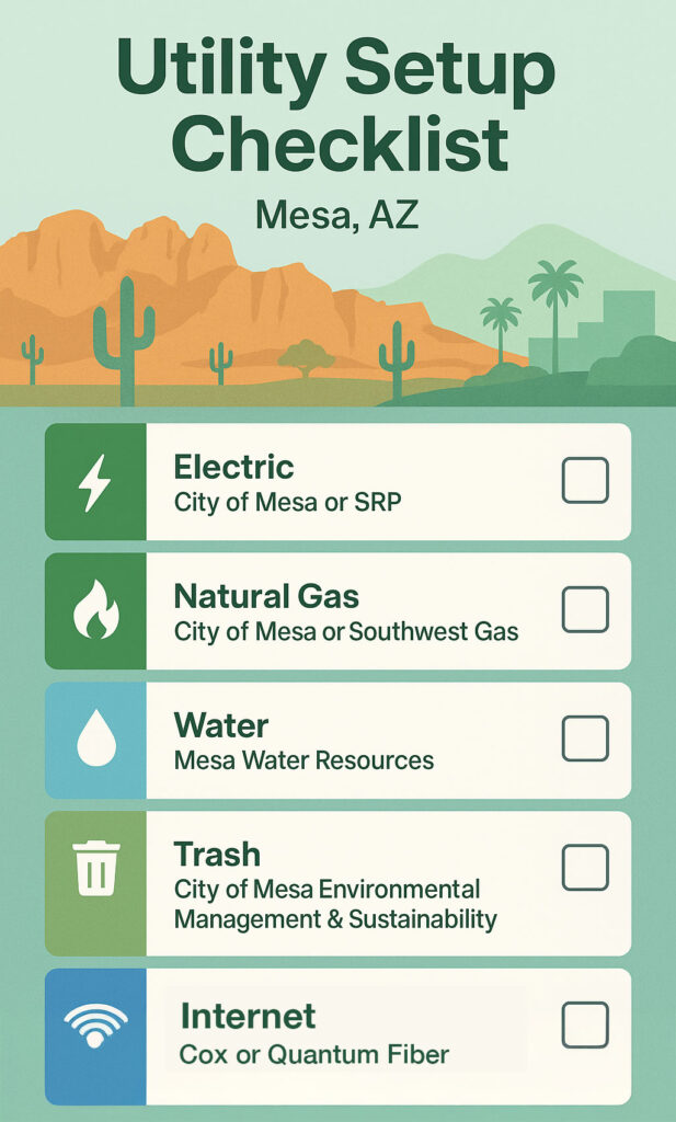 Checklist for setting up utilities for a new home in Mesa, AZ