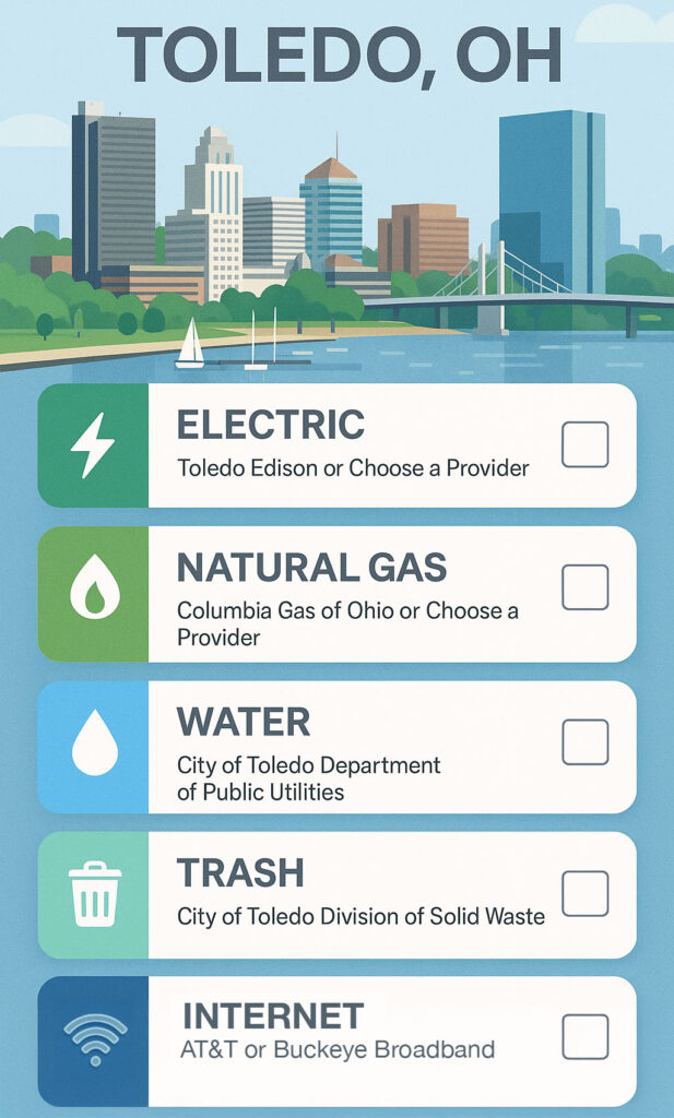 Checklist for setting up utilities for a home in Toledo, OH