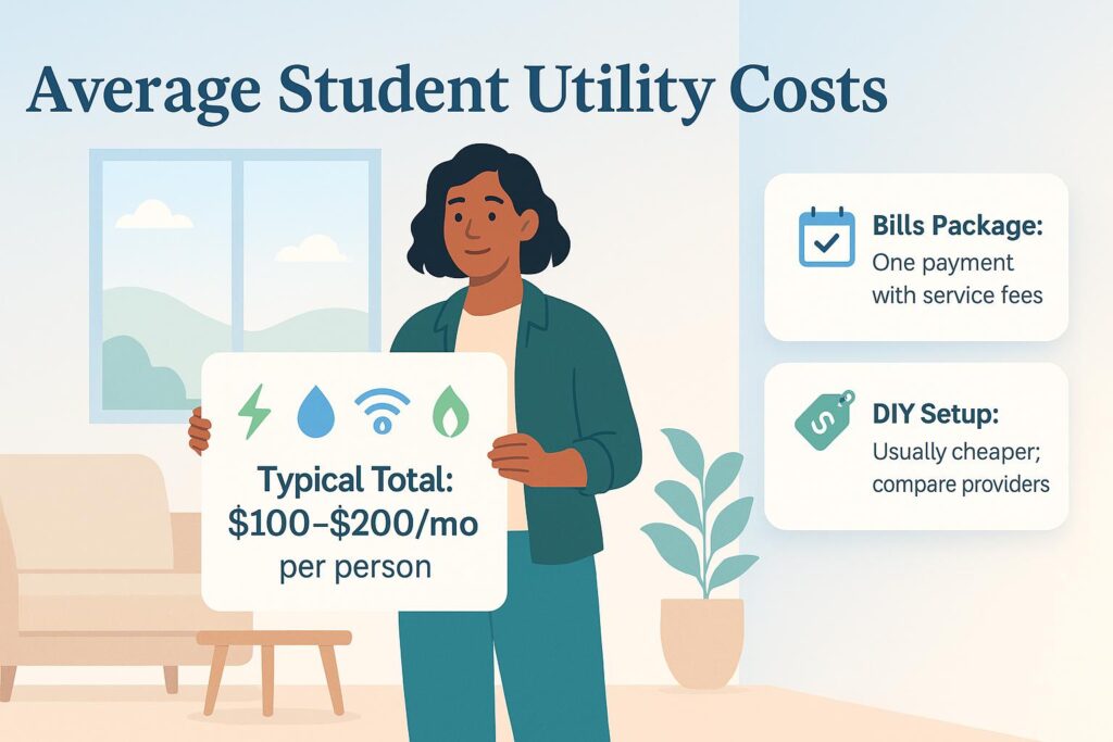 Infographic: average student utilities total $100–$200 per person; bills package vs DIY setup.