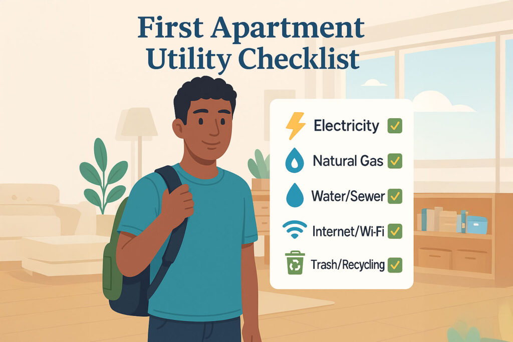 Person with backpack beside First Apartment Utility Checklist: electricity, gas, water, Wi-Fi, trash.
