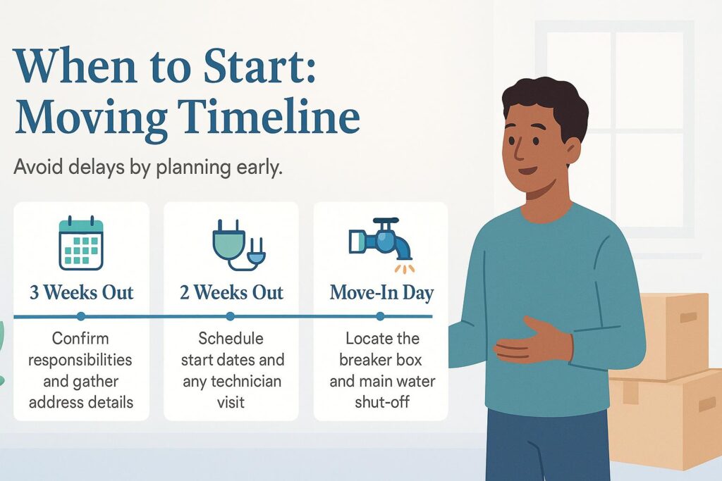 Moving timeline infographic: plan tasks 3 weeks out, 2 weeks out, and on move-in day.
