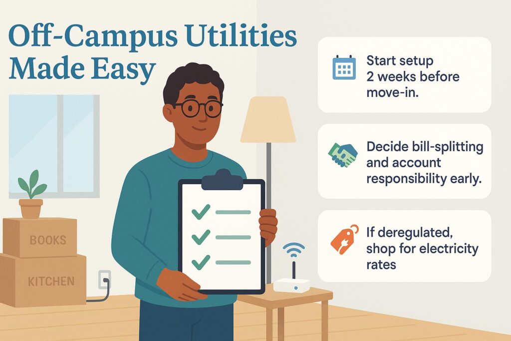 Student holding checklist beside tips for setting up off-campus utilities and internet.