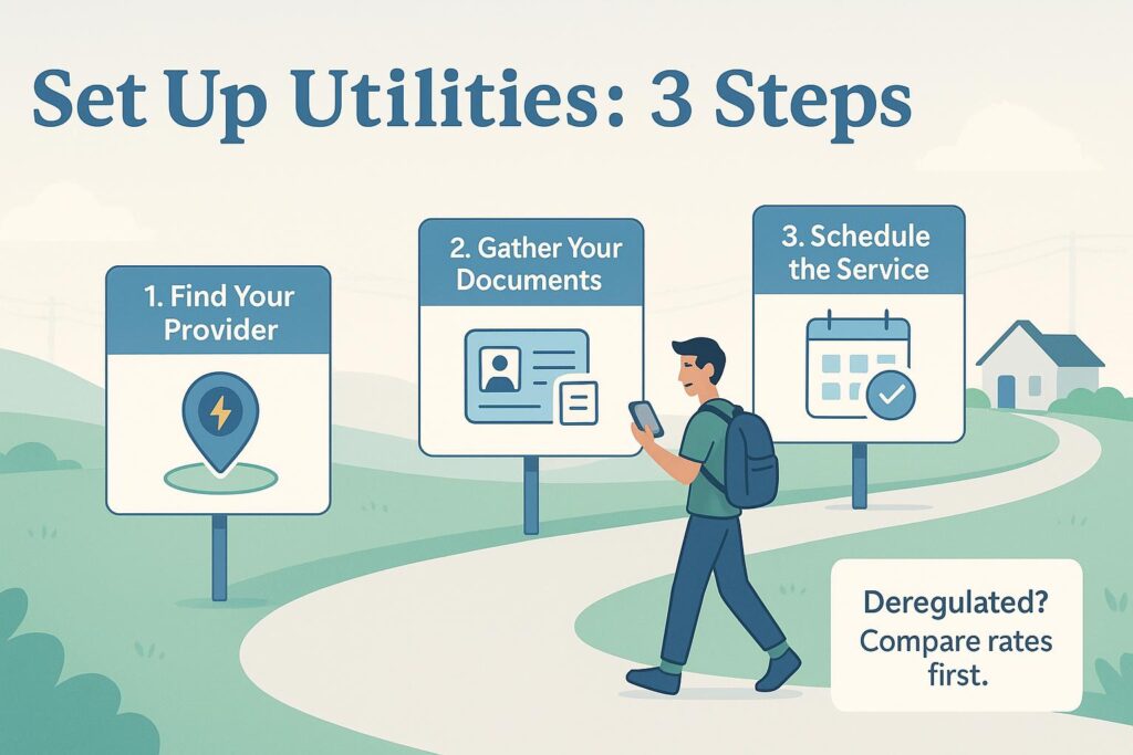 Three steps to set up utilities: find provider, gather documents, schedule service.