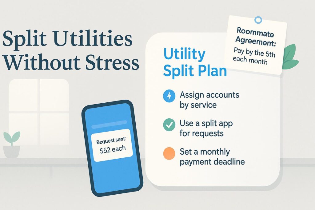 Infographic on splitting utilities: assign accounts, use app, set monthly deadline.