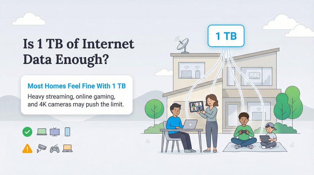 Infographic showing a family's internet data usage and stating 1 TB is sufficient for most homes.