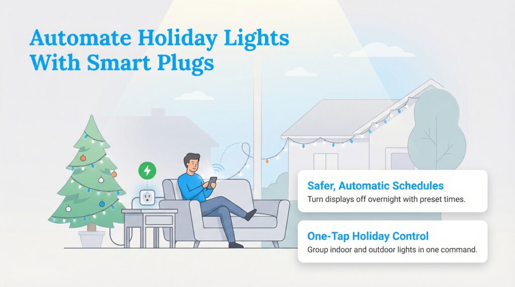 Infographic showing a man controlling holiday lights via a smartphone app, highlighting safety schedules and one-tap control.