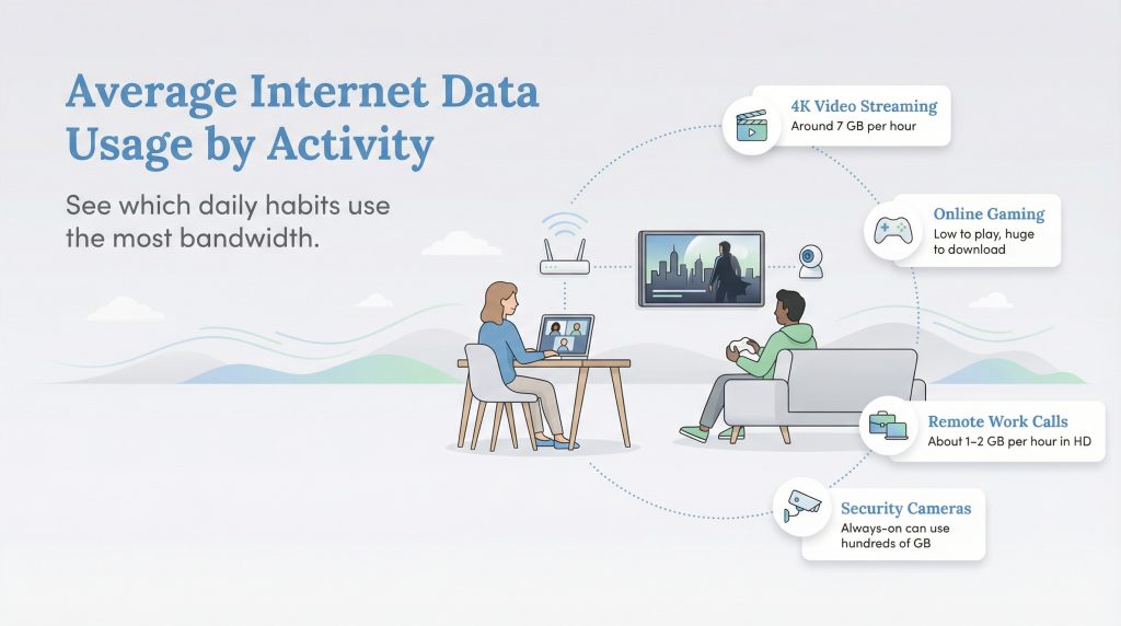 Infographic showing estimated internet data usage for streaming, gaming, video calls, and cameras.