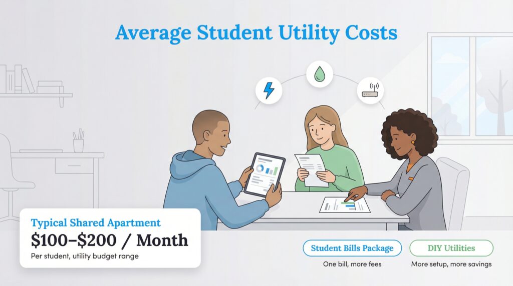 Illustration of three students discussing utility bills, with a cost range of $100-$200 per student monthly for a shared apartment.