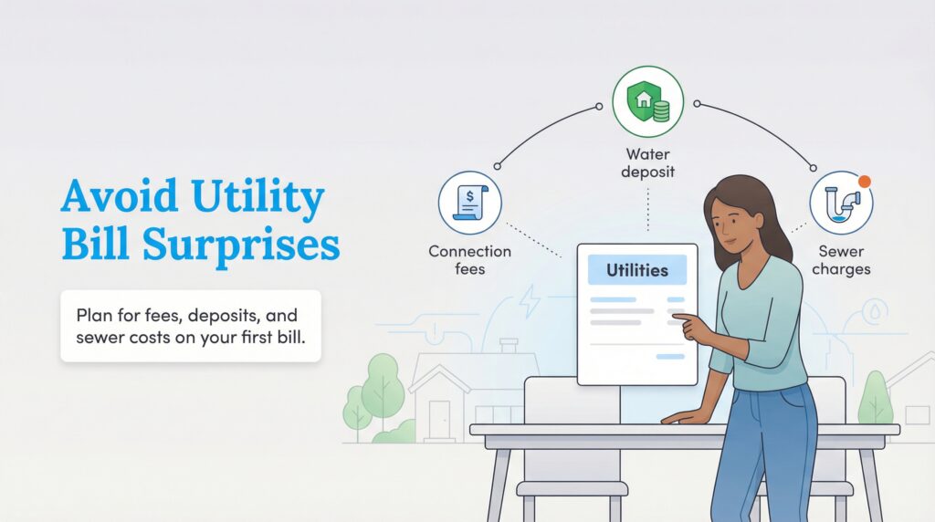 An infographic titled "Avoid Utility Bill Surprises," illustrating common first-time costs like connection fees, water deposits, and sewer charges.