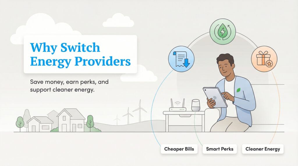 A man uses a tablet, linked to icons for cheaper bills, smart perks, and cleaner energy options.