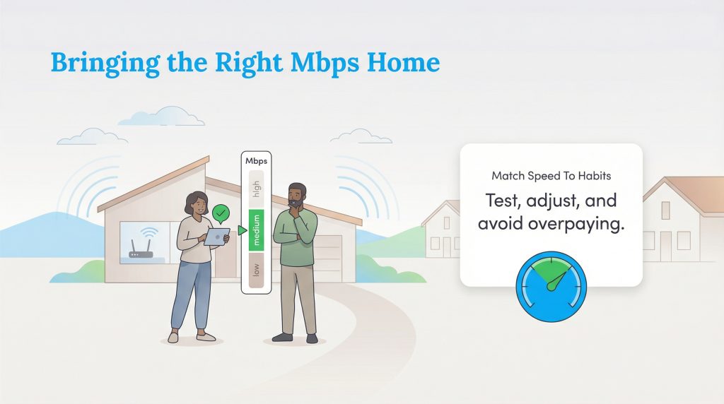 A couple selects medium Mbps on a slider graphic, next to text advising matching speed to habits to avoid overpaying.