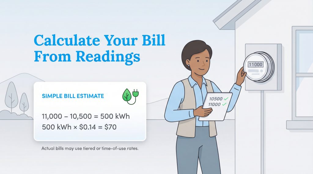 An illustration showing how to calculate your electricity bill using meter readings.