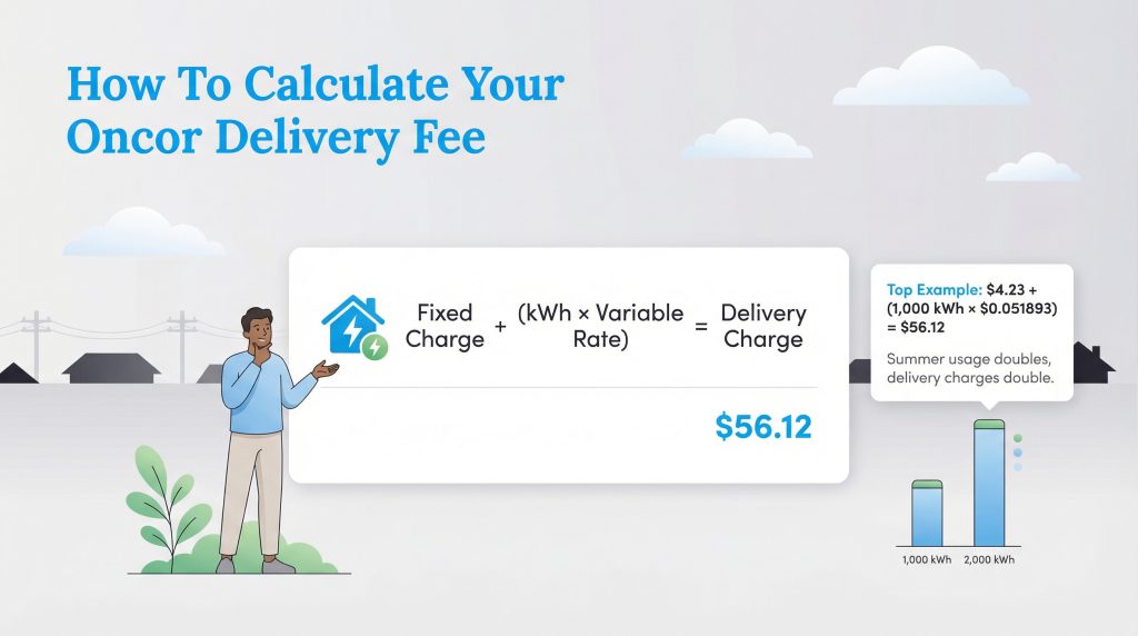 Infographic: Fixed Charge + (kWh x Variable Rate) = Delivery Charge. Example total is $56.12.