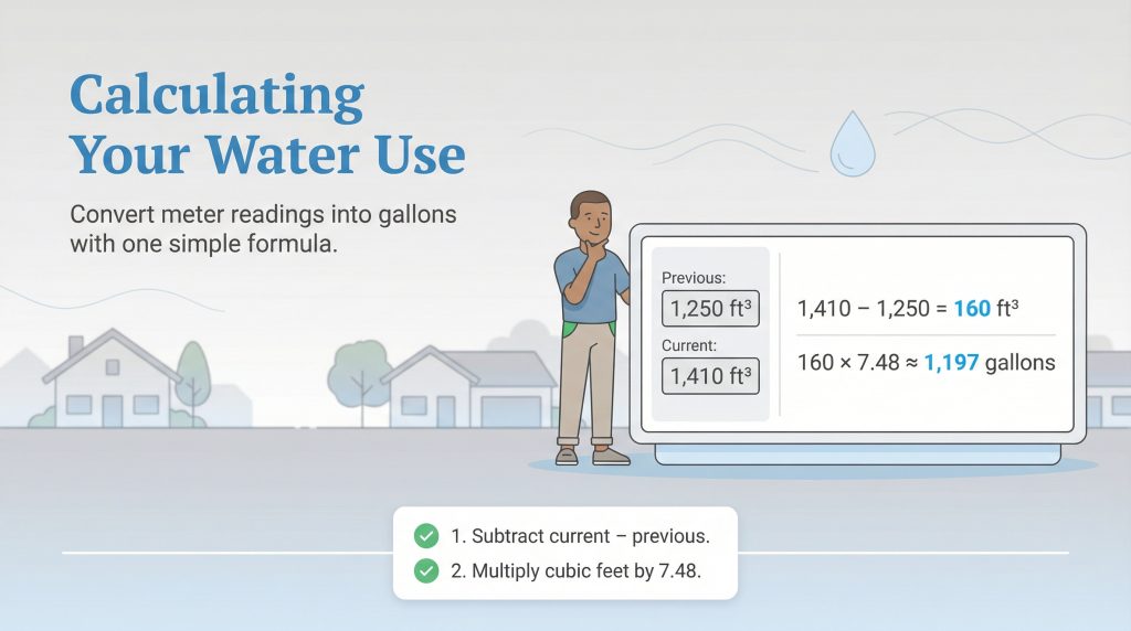 Infographic showing how to calculate water usage by subtracting meter readings and multiplying cubic feet by 7.48.